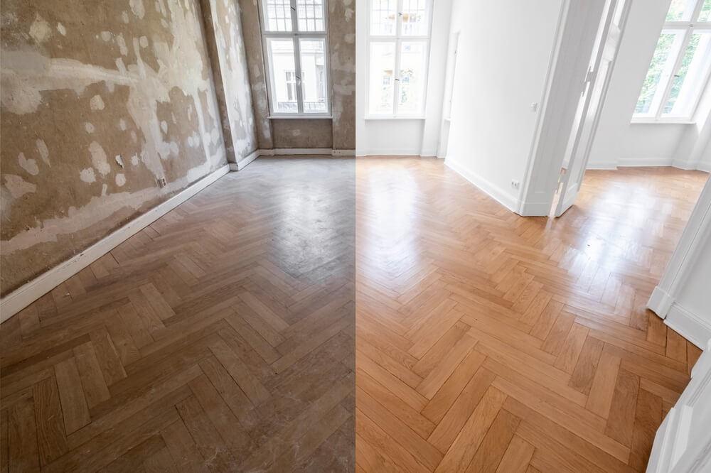 drewniana podłoga przed i po lakierowaniu
